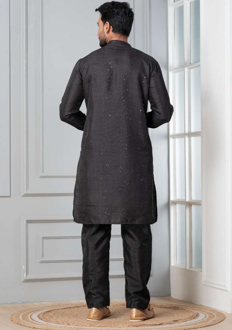 Black Embroidery Silk Blend Kurta Pyjama Set For Men - Indya