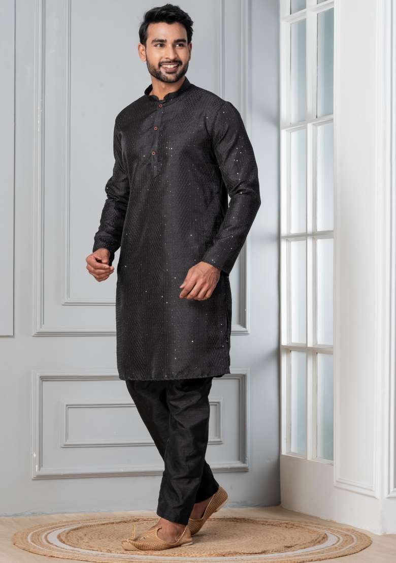 Black Embroidery Silk Blend Kurta Pyjama Set For Men - Indya