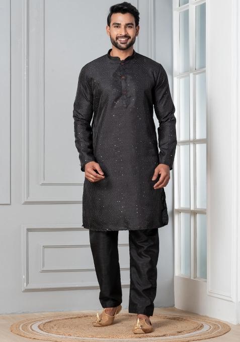 Black Embroidery Silk Kurta Pyjama Set For Men