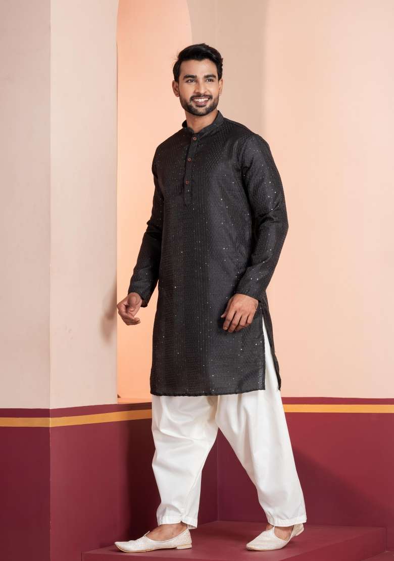 Black Embroidery Silk Blend Kurta Patiala Set For Men - Indya