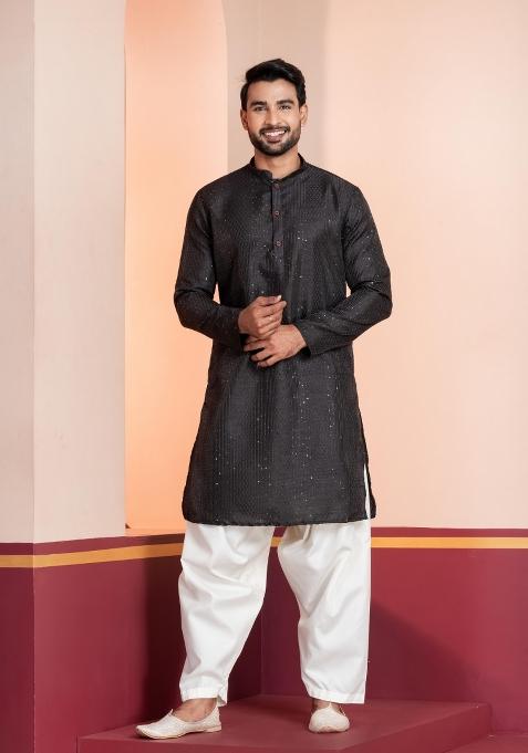 Black Embroidery Silk Kurta Patiala Set For Men
