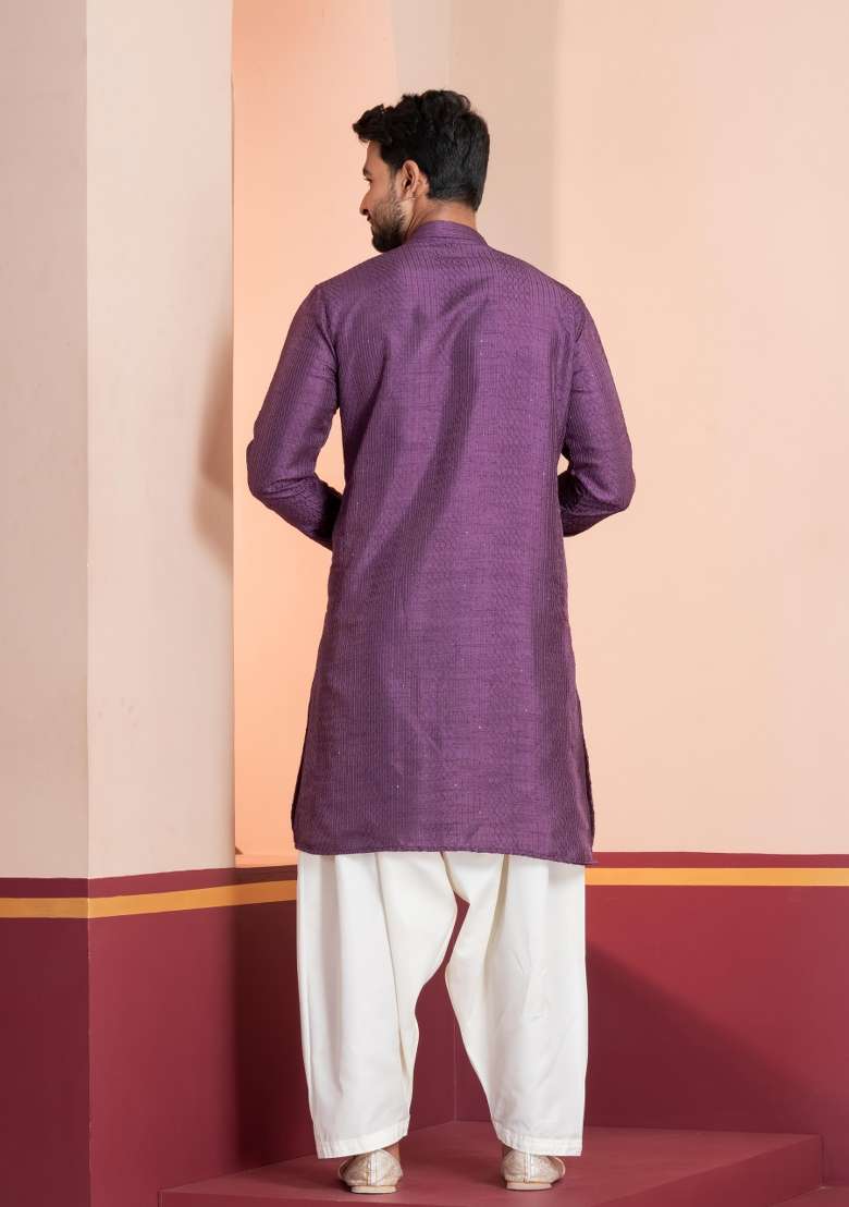 Purple Embroidery Silk Blend Kurta For Men - Indya