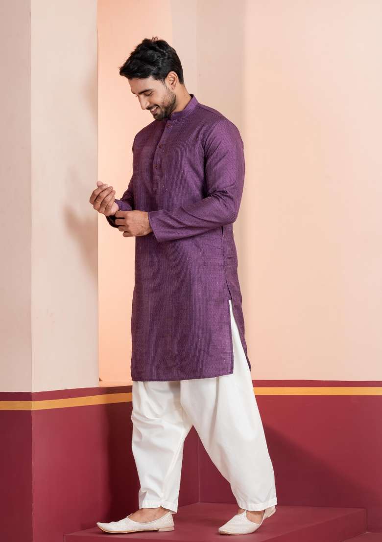 Purple Embroidery Silk Blend Kurta For Men - Indya