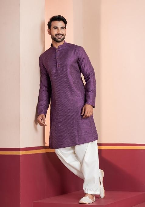 Purple Embroidery Silk Kurta For Men