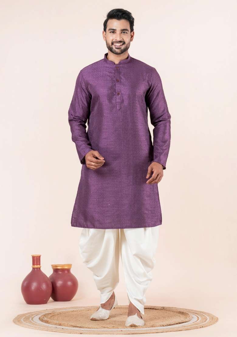 Purple Embroidery Silk Blend Kurta Dhoti Set For Men - Indya