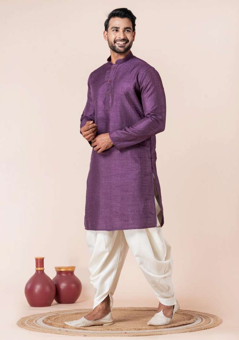 Purple Embroidery Silk Blend Kurta Dhoti Set For Men - Indya