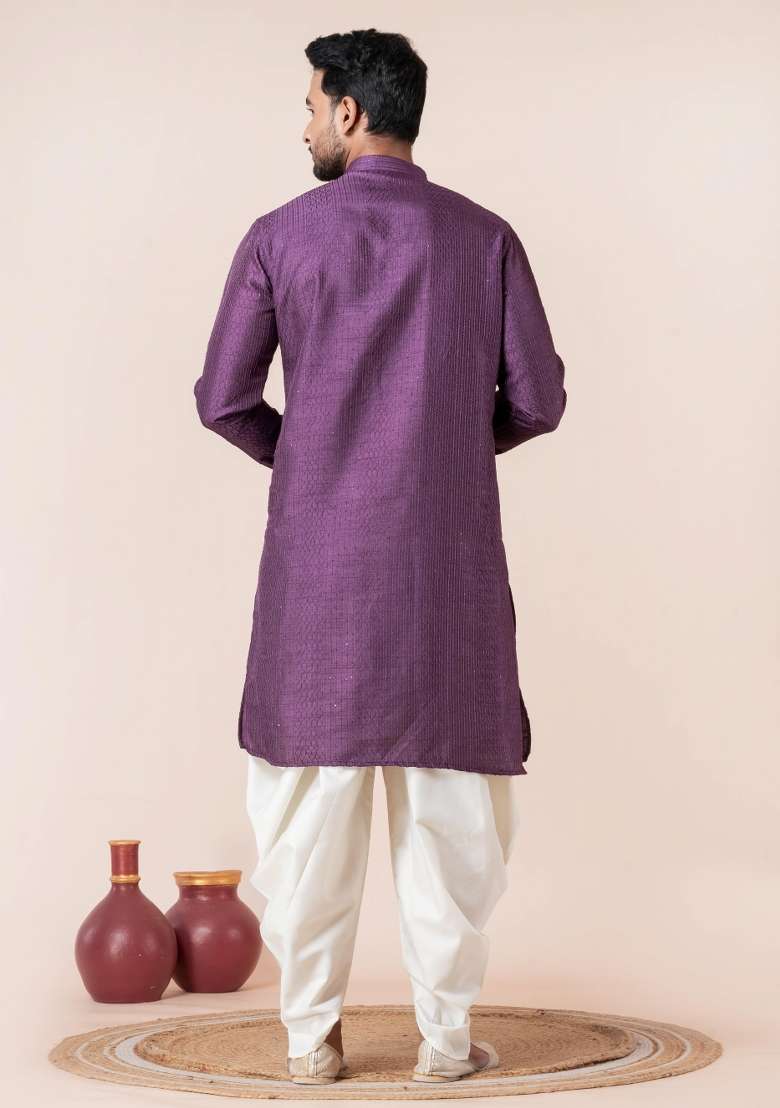 Purple Embroidery Silk Blend Kurta Dhoti Set For Men - Indya