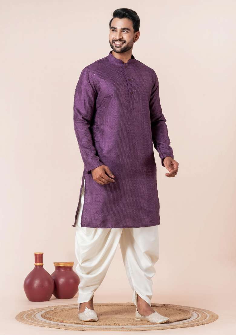 Purple Embroidery Silk Blend Kurta Dhoti Set For Men - Indya