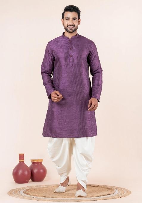 Purple Embroidery Silk Kurta Dhoti Set For Men