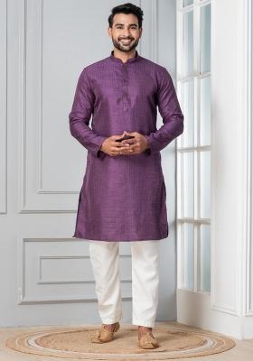 Purple Embroidery Silk Kurta Pyjama Set For Men