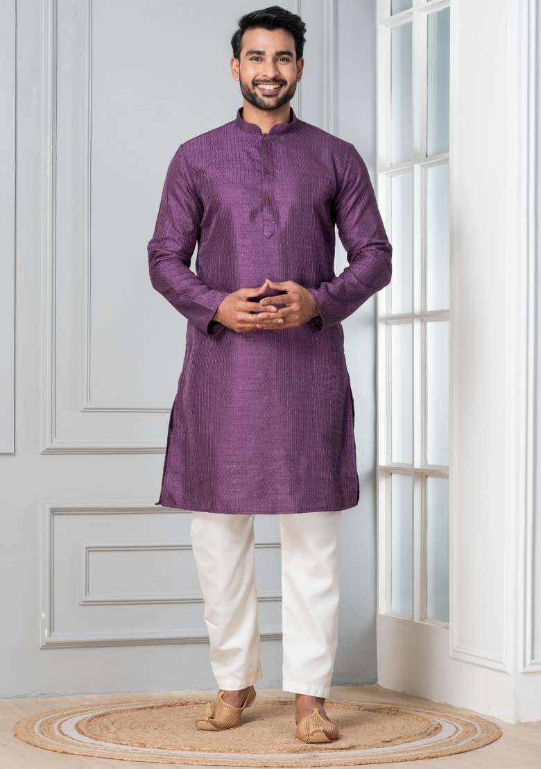 Purple Embroidery Silk Blend Kurta Pyjama Set For Men - Indya