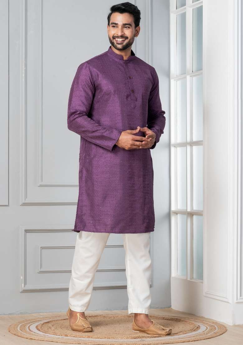 Purple Embroidery Silk Blend Kurta Pyjama Set For Men - Indya