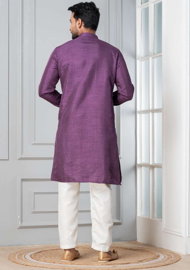 Purple Embroidery Silk Blend Kurta Pyjama Set For Men - Indya