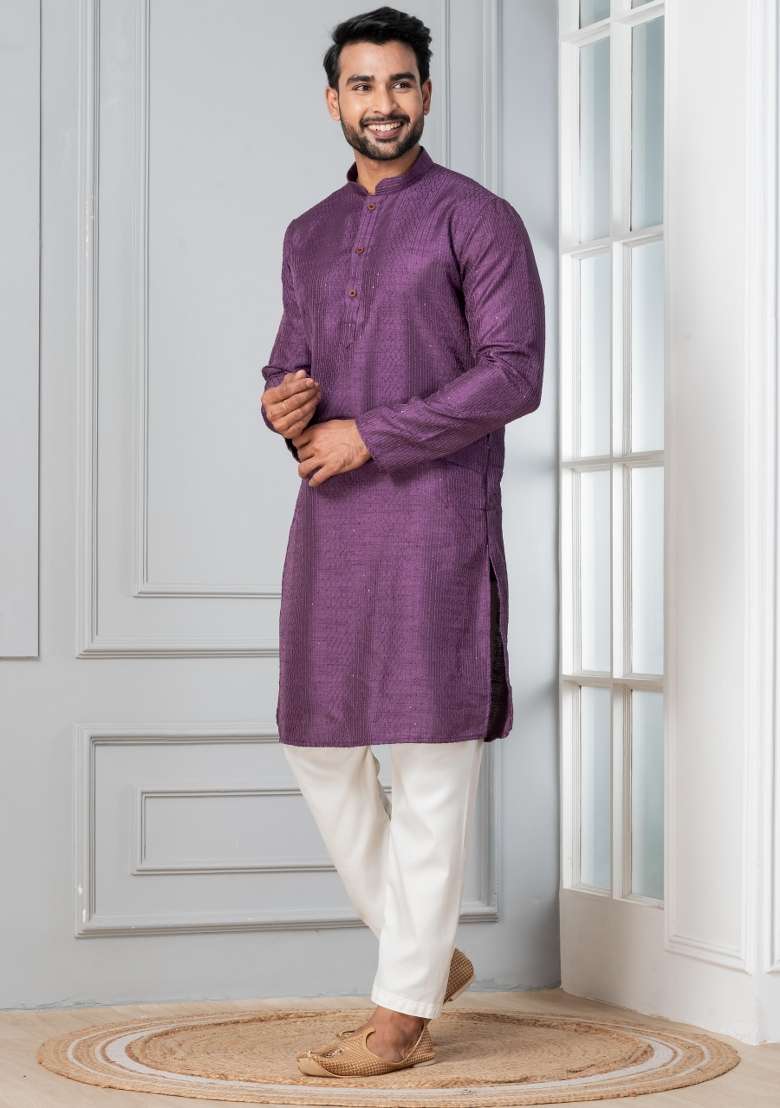 Purple Embroidery Silk Blend Kurta Pyjama Set For Men - Indya