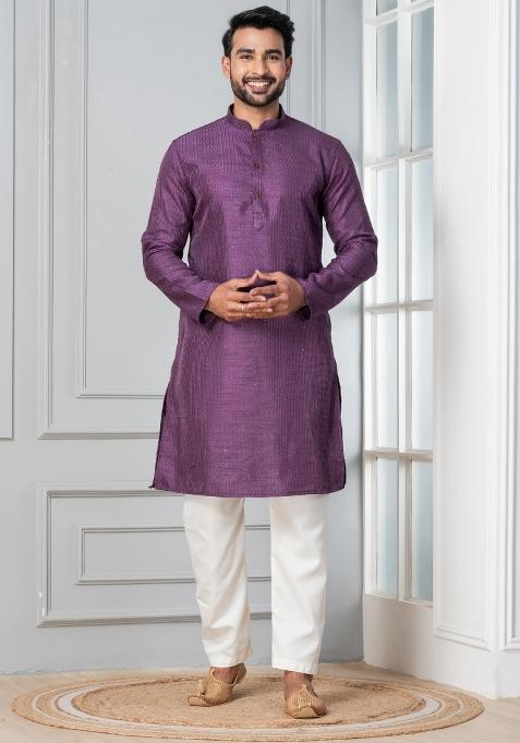 Purple Embroidery Silk Kurta Pyjama Set For Men