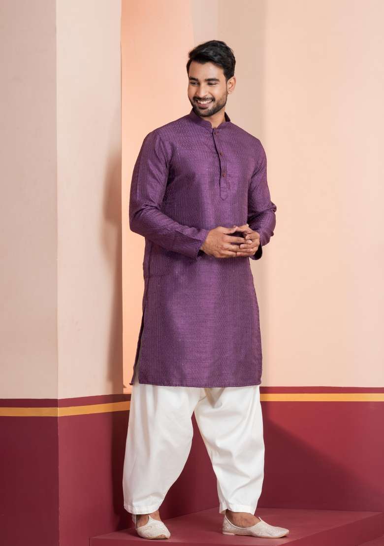 Purple Embroidery Silk Blend Kurta Patiala Set For Men - Indya