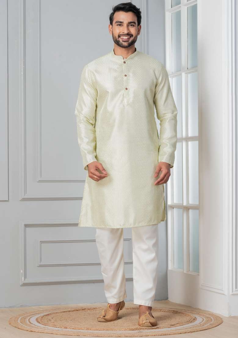 Green Embroidery Silk Blend Kurta For Men - Indya