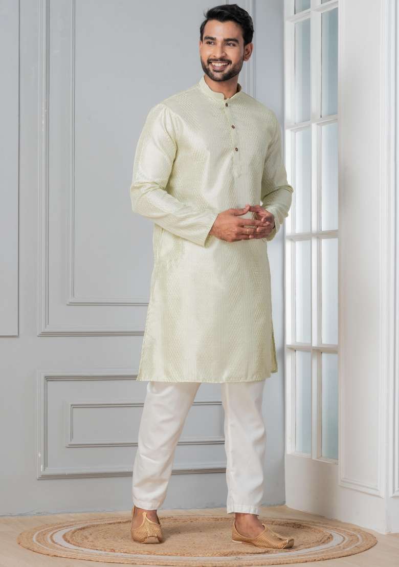 Green Embroidery Silk Blend Kurta For Men - Indya
