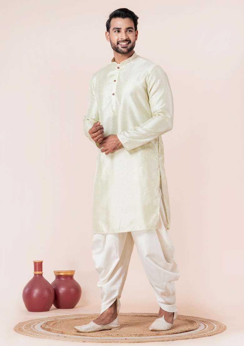 Green Embroidery Silk Blend Kurta Dhoti Set For Men - Indya