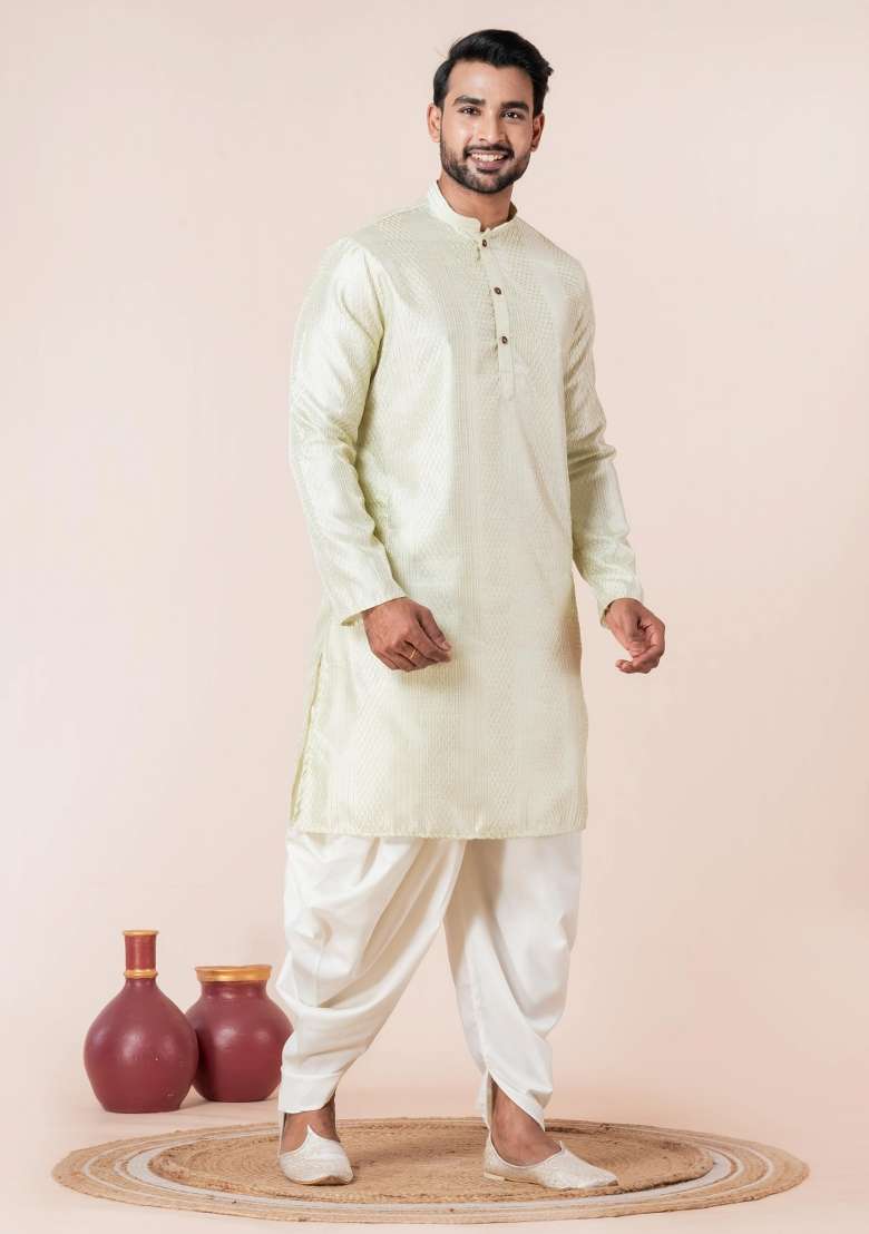 Green Embroidery Silk Blend Kurta Dhoti Set For Men - Indya
