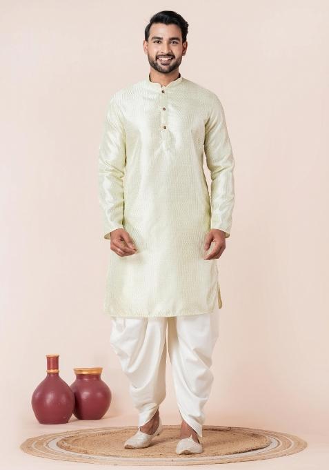 Green Embroidery Silk Kurta Dhoti Set For Men