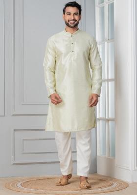 Green Embroidery Silk Kurta Pyjama Set For Men