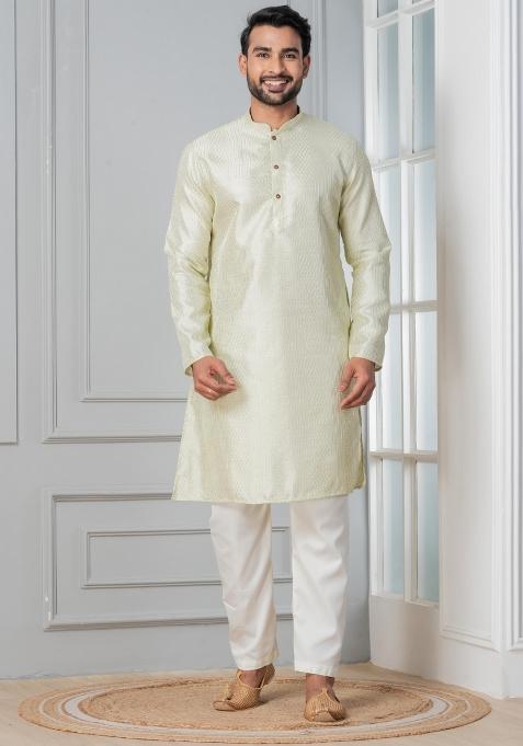 Green Embroidery Silk Kurta Pyjama Set For Men
