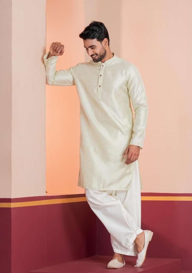Green Embroidery Silk Blend Kurta Patiala Set For Men - Indya