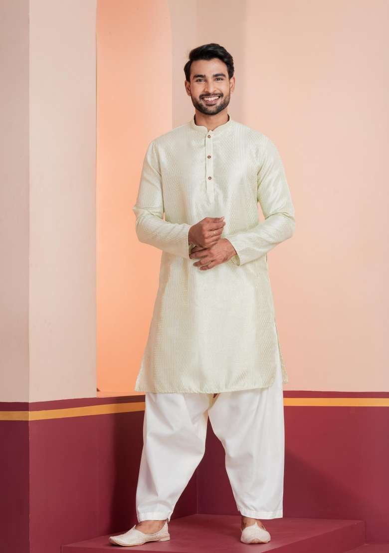 Green Embroidery Silk Blend Kurta Patiala Set For Men - Indya
