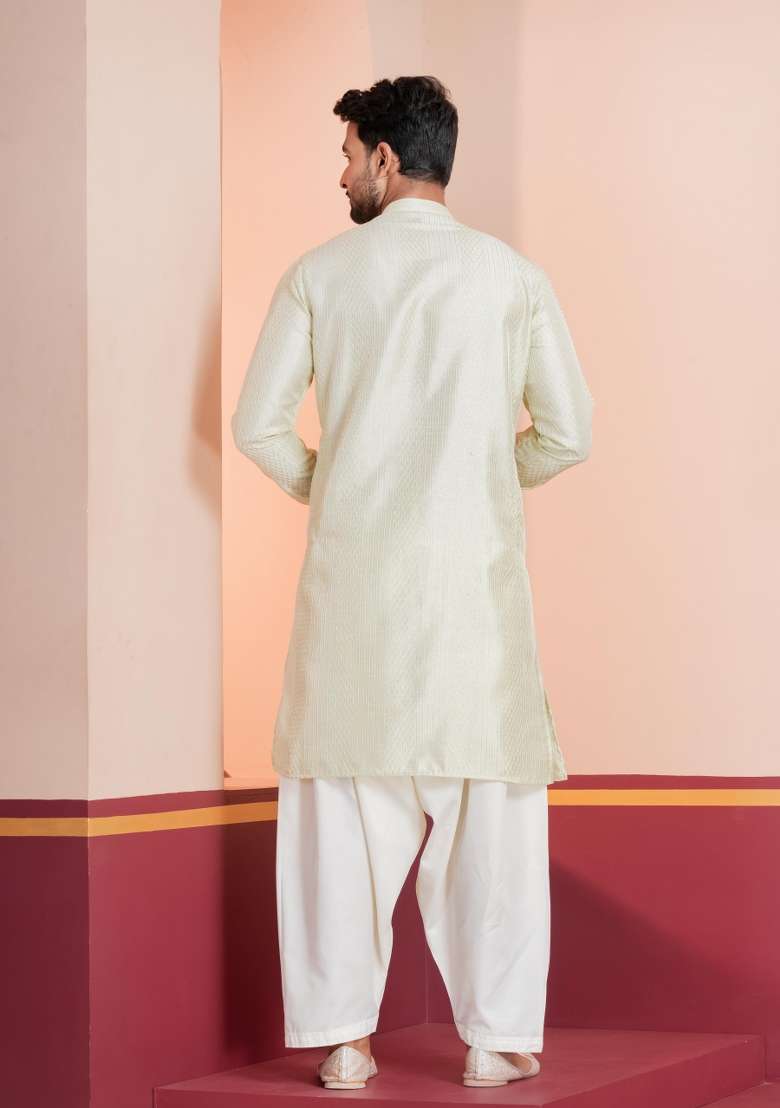 Green Embroidery Silk Blend Kurta Patiala Set For Men - Indya