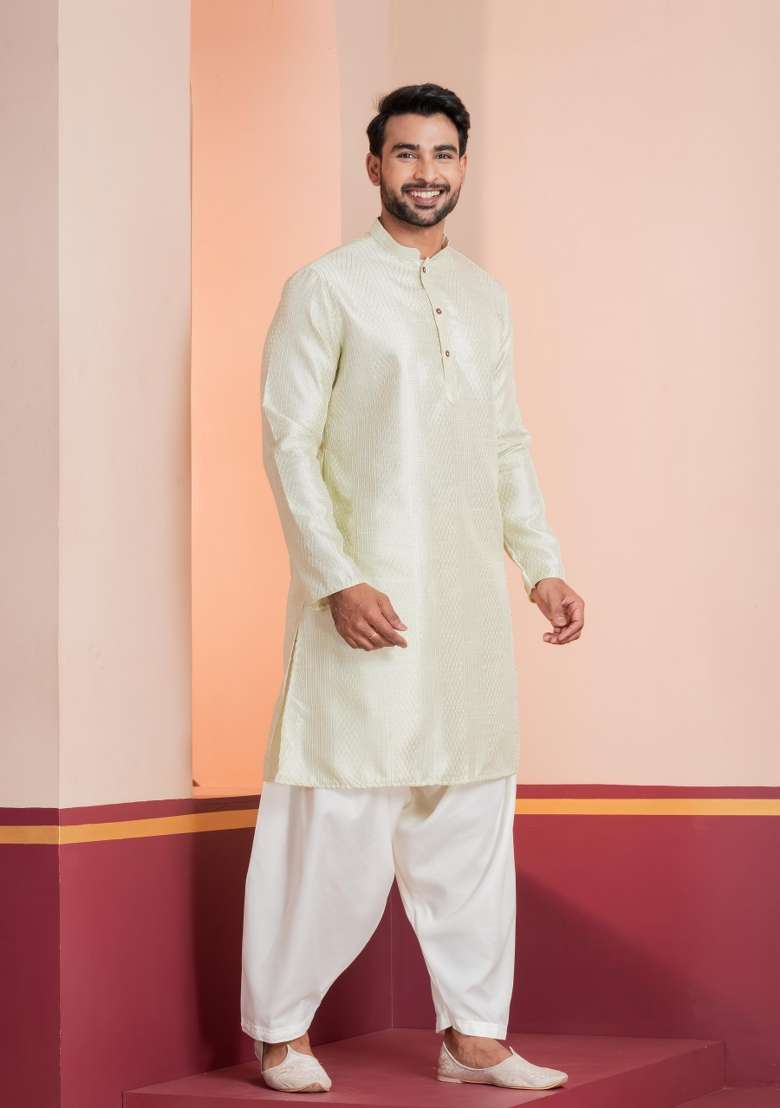 Green Embroidery Silk Blend Kurta Patiala Set For Men - Indya