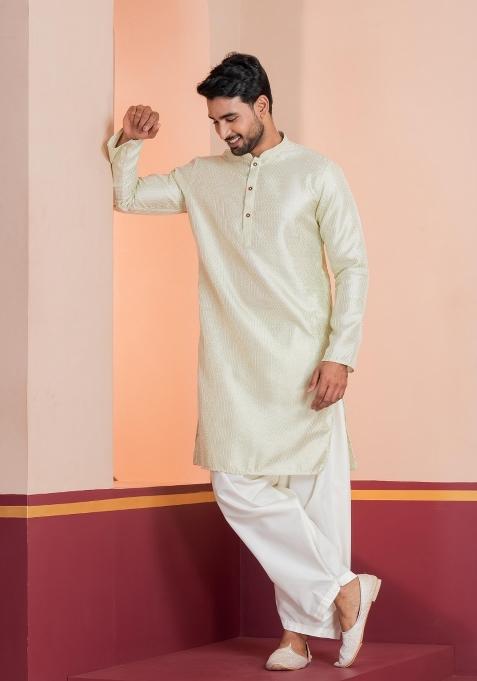 Green Embroidery Silk Kurta Patiala Set For Men