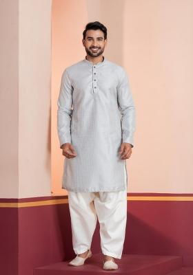 Grey Embroidery Silk Kurta For Men