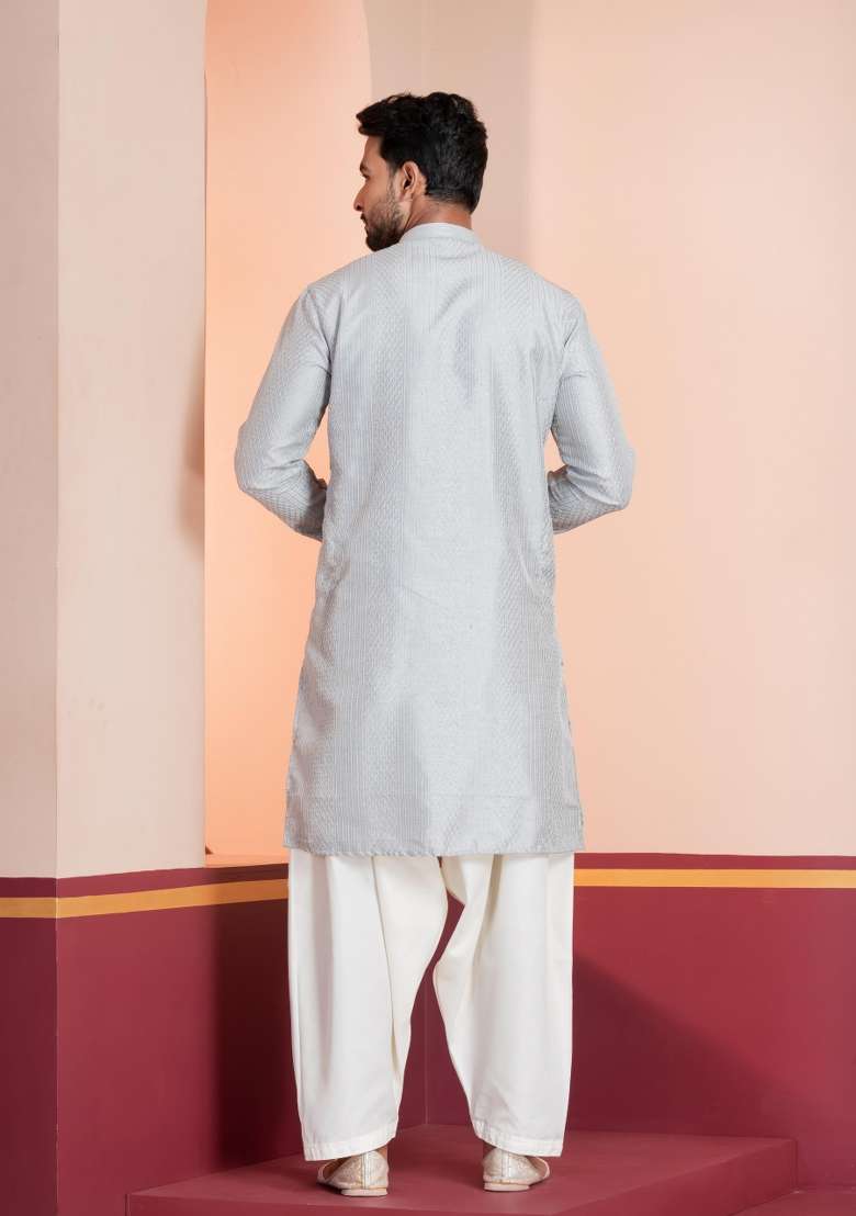 Grey Embroidery Silk Blend Kurta For Men - Indya