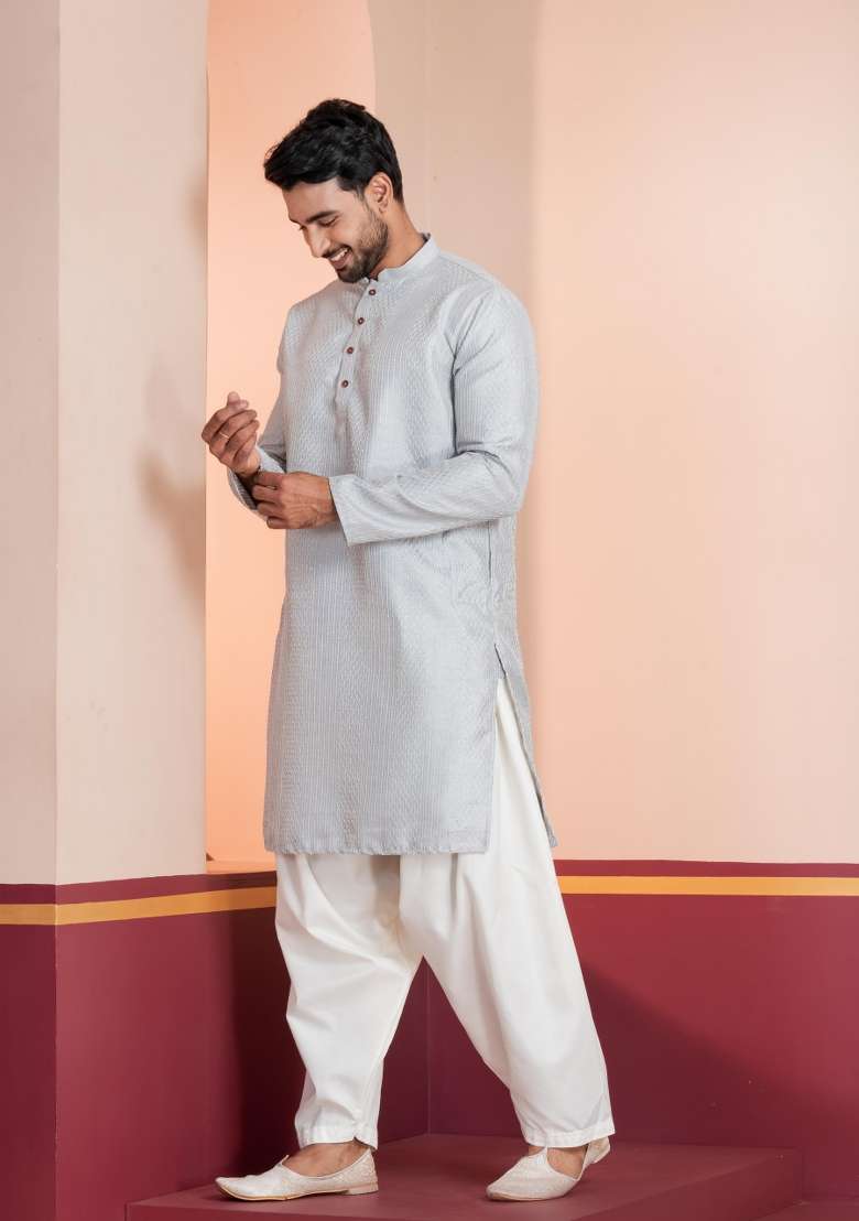 Grey Embroidery Silk Blend Kurta For Men - Indya