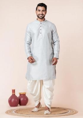 Grey Embroidery Silk Kurta Dhoti Set For Men