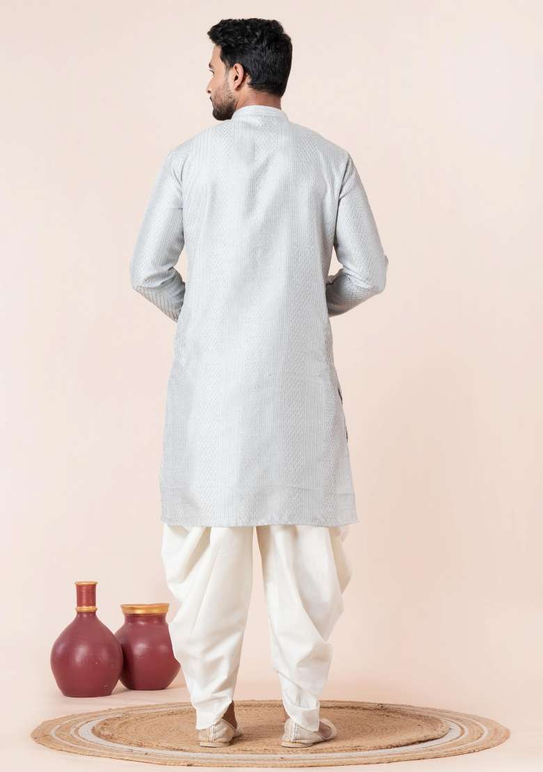 Grey Embroidery Silk Blend Kurta Dhoti Set For Men - Indya