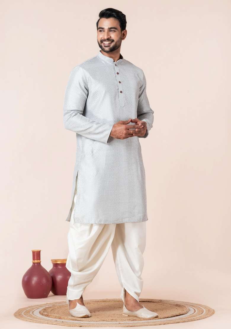 Grey Embroidery Silk Blend Kurta Dhoti Set For Men - Indya