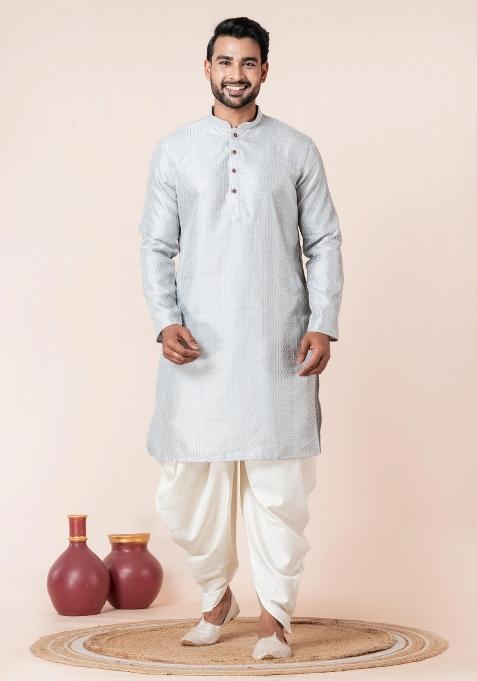 Grey Embroidery Silk Kurta Dhoti Set For Men