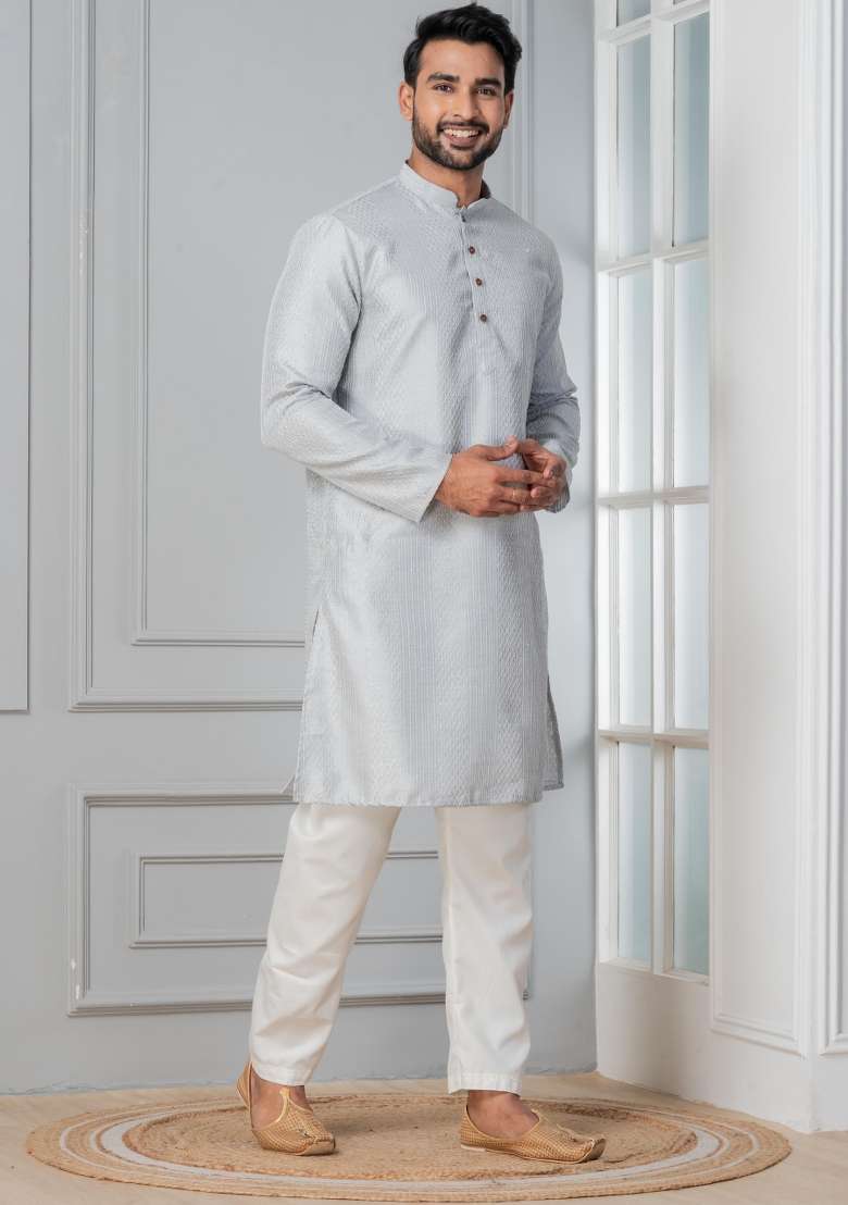Grey Embroidery Silk Blend Kurta Pyjama Set For Men - Indya