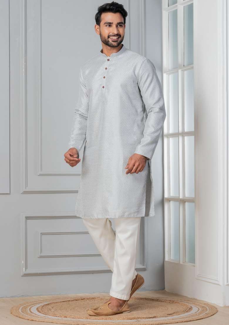 Grey Embroidery Silk Blend Kurta Pyjama Set For Men - Indya