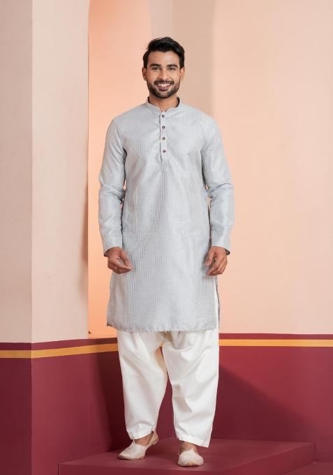 Grey Embroidery Silk Kurta Patiala Set For Men