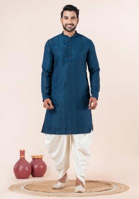 Blue Embroidery Silk Kurta Dhoti Set For Men