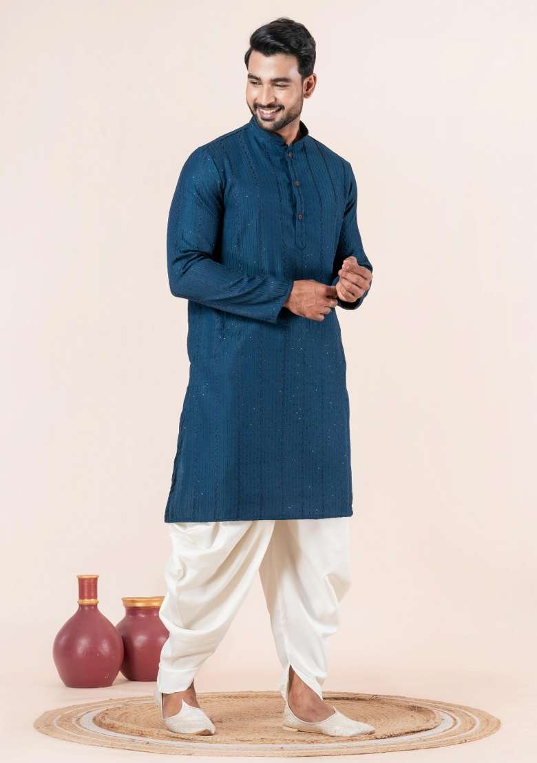 Blue Embroidery Silk Blend Kurta Dhoti Set For Men - Indya