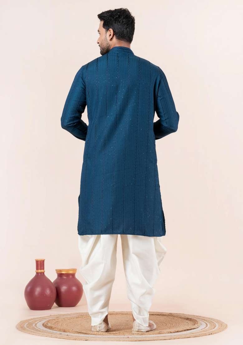 Blue Embroidery Silk Blend Kurta Dhoti Set For Men - Indya