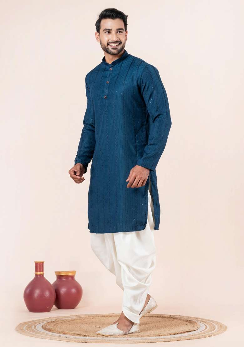 Blue Embroidery Silk Blend Kurta Dhoti Set For Men - Indya