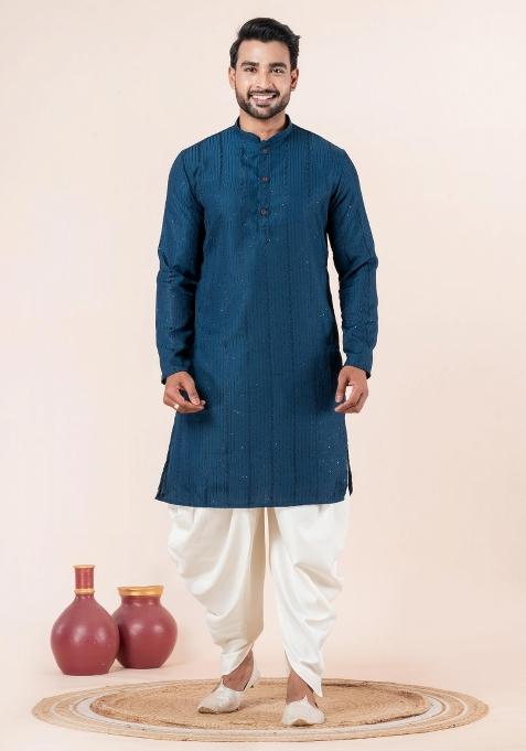 Blue Embroidery Silk Kurta Dhoti Set For Men