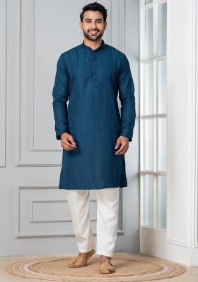 Blue Embroidery Silk Kurta Pyjama Set For Men