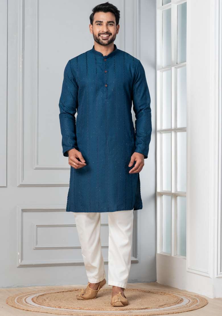Blue Embroidery Silk Blend Kurta Pyjama Set For Men - Indya