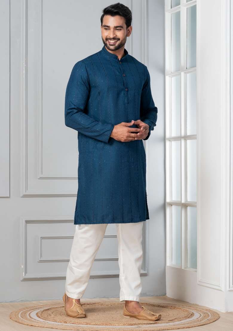 Blue Embroidery Silk Blend Kurta Pyjama Set For Men - Indya